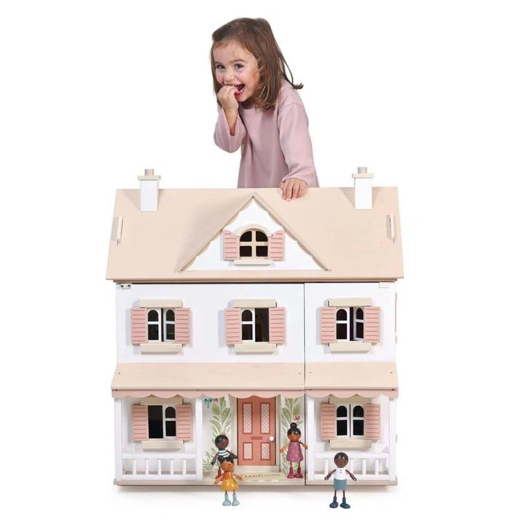 Large White and Pink Wooden Colonial Dollhouse Kit