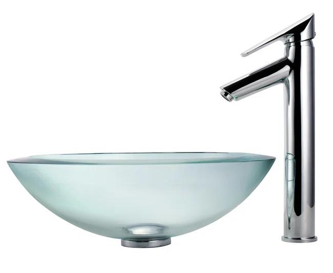 KRAUS 34 mm Clear Glass Vessel Sink with Pop-Up Drain and Mounting Ring