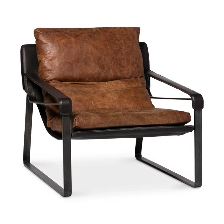 Cappuccino Genuine Leather Accent Chair with Metal Frame
