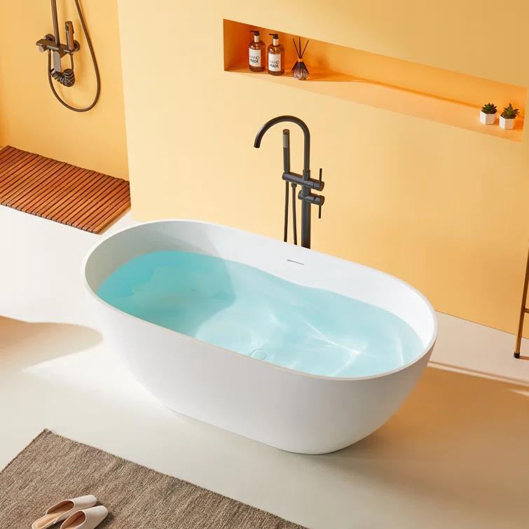 69'' x 29.5'' Freestanding Soaking Solid Surface Bathtub in White Finish with Drain