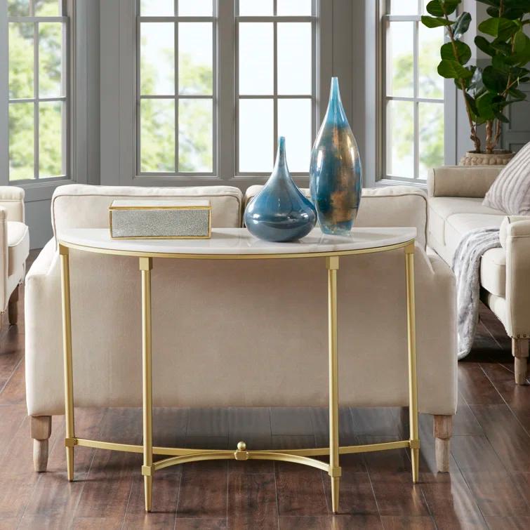 Bordeaux Marble Top Half-Moon Gold Metal Console Table