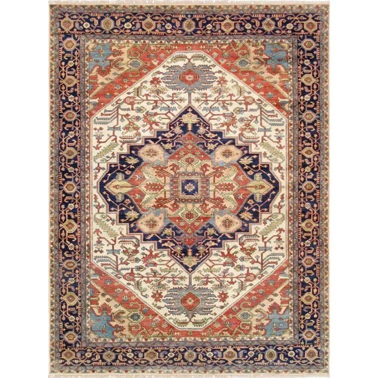 Serapi Hand-Knotted Wool Oriental Area Rug in Ivory/Navy/Red-Orange
