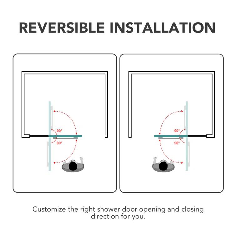 43" W x 58" H Frameless Glass Hinged Bathtub Shower Door with Clear Tempered Glass