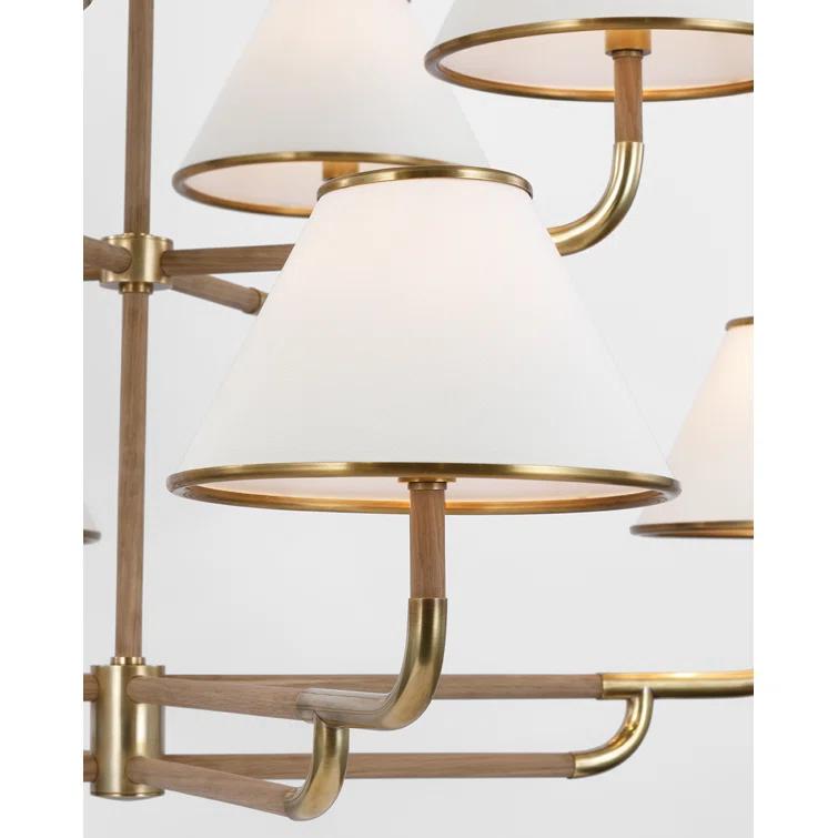 Soft Brass and Natural Oak Two-Tier Chandelier