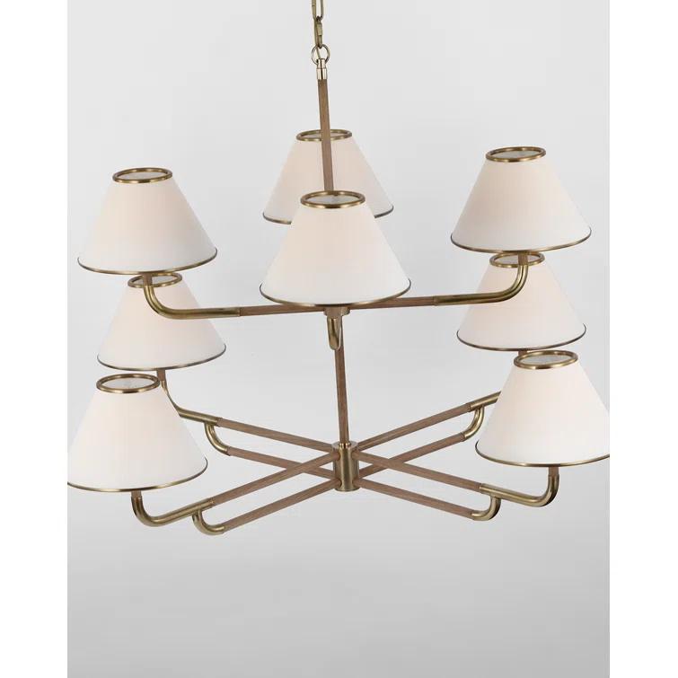 Soft Brass and Natural Oak Two-Tier Chandelier