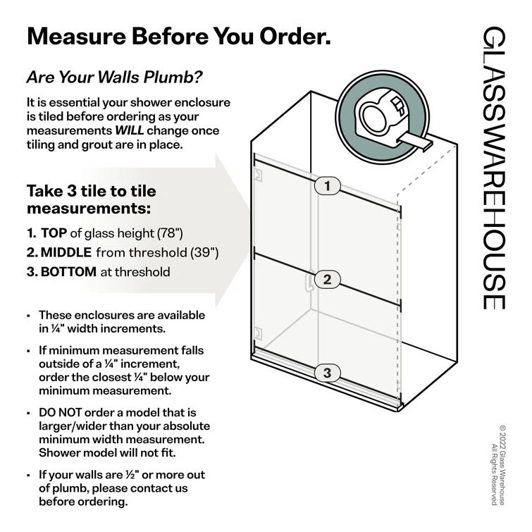 Illume 75.5 in. x 78 in. Fully Frameless Wall Hinge Shower Door