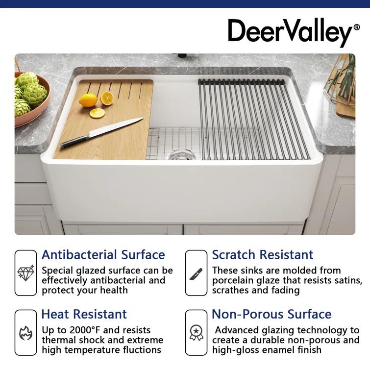 DeerValley 33" L X 20" W Single Basin Workstation Farmhouse Kitchen Sink With Sink Grid, Cutting Board And Dish-Drying Rack