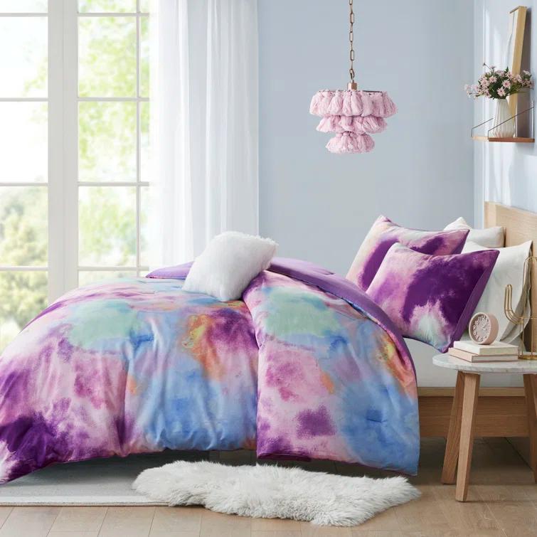 Cassiopeia Watercolor Tie Dye Printed Comforter Set with Throw Pillow