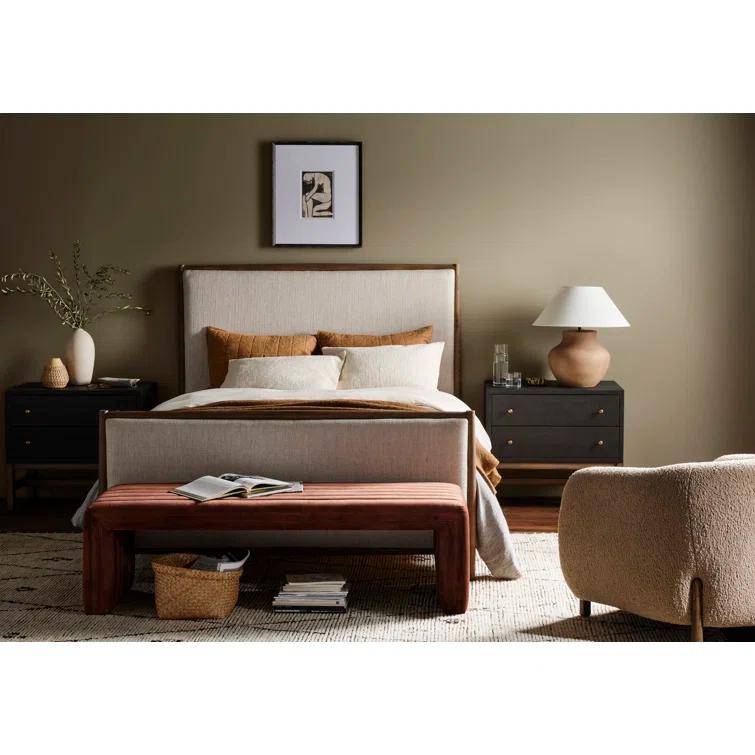 King Weathered Oak Upholstered Linen Bed with Headboard