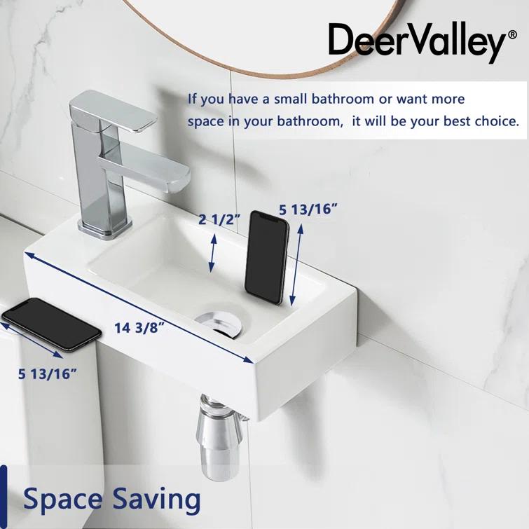 Liberty 14.57'' x 7'' Vitreous China Rectangular Wall Mount Bathroom Sink with Left Faucet Hole for Small Space