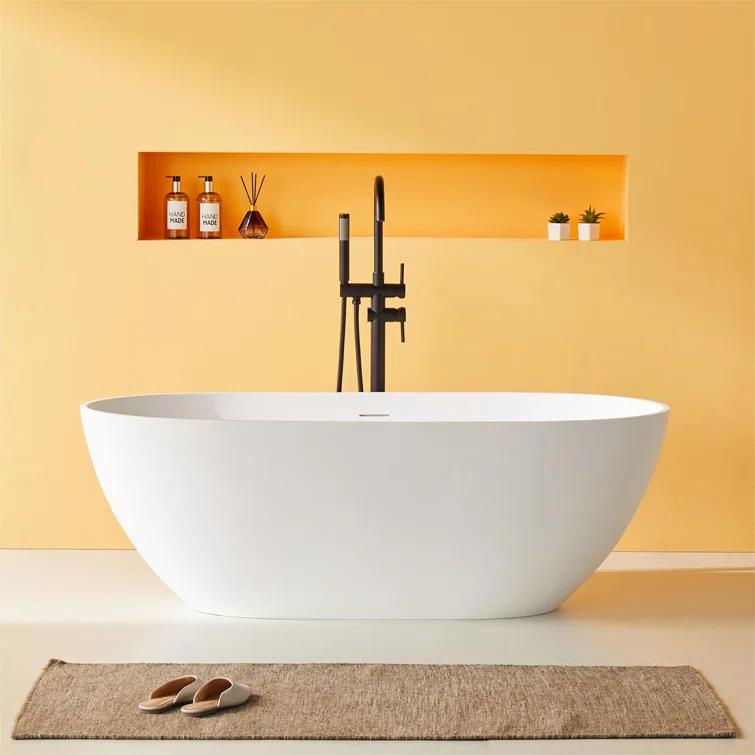 69'' x 29.5'' Freestanding Soaking Solid Surface Bathtub in White Finish with Drain