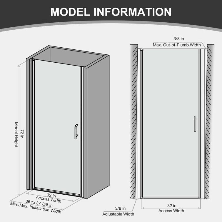 37-3/8 In Semi-Frameless Pivot Shower Door in Chrome With Clear Glass