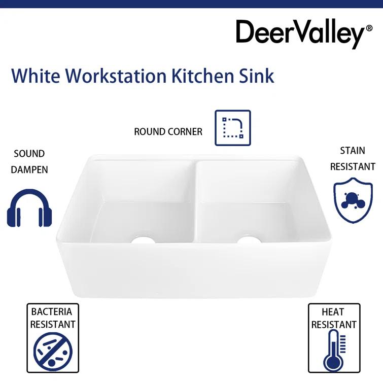 DeerValley 33" L X 20" W Double Basin Workstation Farmhouse Kitchen Sink With Sink Grid, Cutting Board And Dish-Drying Rack