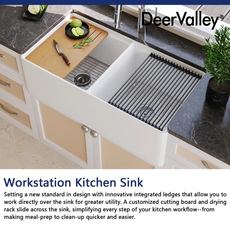 DeerValley 33" L X 20" W Double Basin Workstation Farmhouse Kitchen Sink With Sink Grid, Cutting Board And Dish-Drying Rack