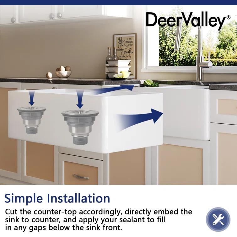 DeerValley 33" L X 20" W Double Basin Workstation Farmhouse Kitchen Sink With Sink Grid, Cutting Board And Dish-Drying Rack