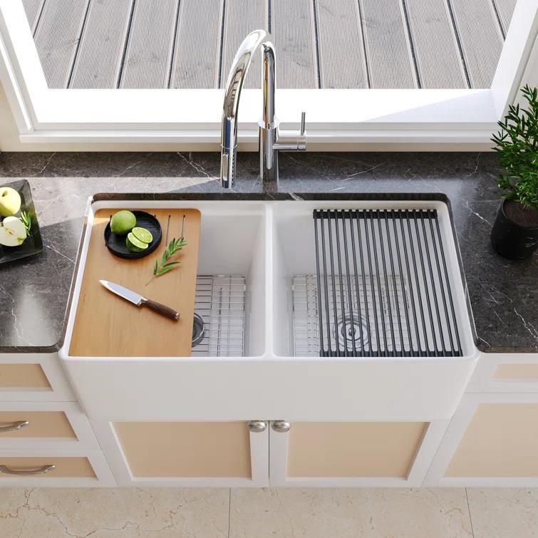 DeerValley 33" L X 20" W Double Basin Workstation Farmhouse Kitchen Sink With Sink Grid, Cutting Board And Dish-Drying Rack