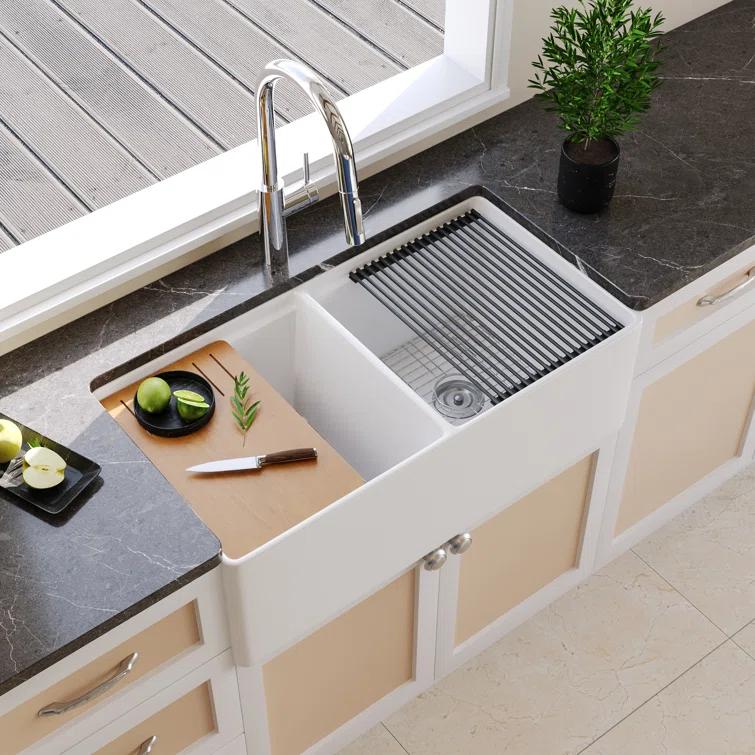 DeerValley 33" L X 20" W Double Basin Workstation Farmhouse Kitchen Sink With Sink Grid, Cutting Board And Dish-Drying Rack