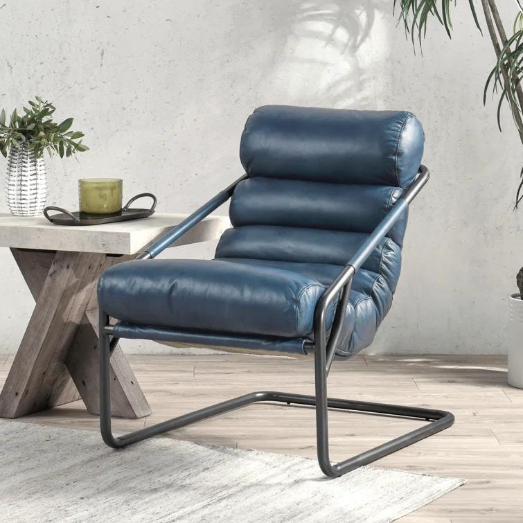 Handcrafted Blue Leather Barrel Accent Chair with Metal Frame