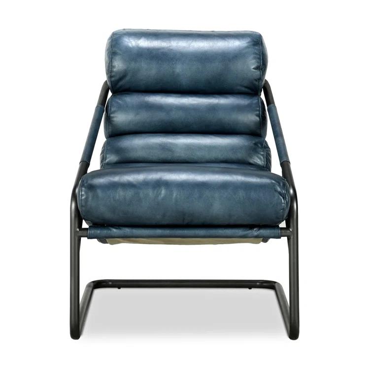 Handcrafted Blue Leather Barrel Accent Chair with Metal Frame
