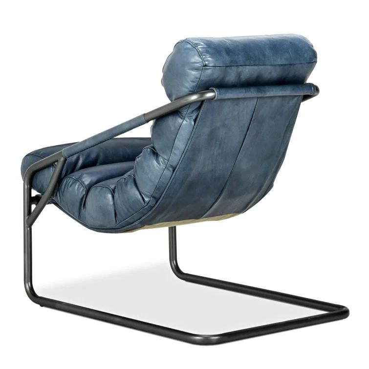 Handcrafted Blue Leather Barrel Accent Chair with Metal Frame