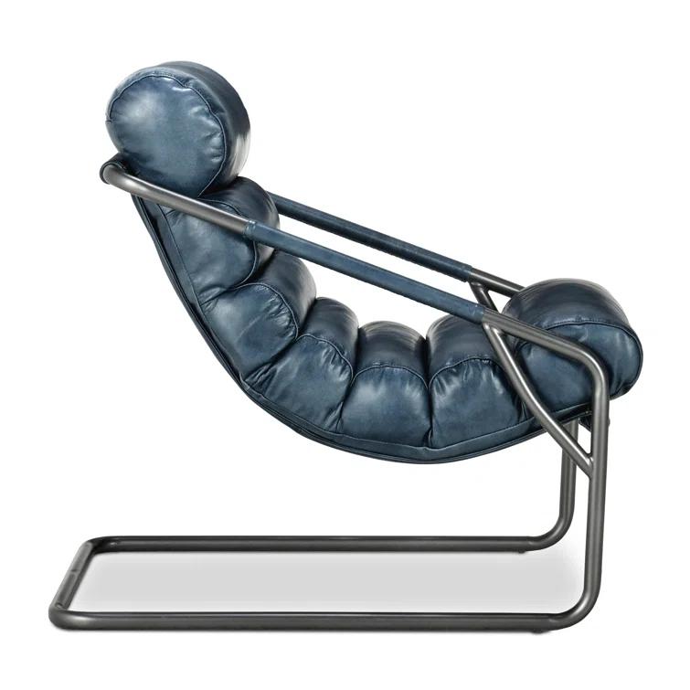 Handcrafted Blue Leather Barrel Accent Chair with Metal Frame