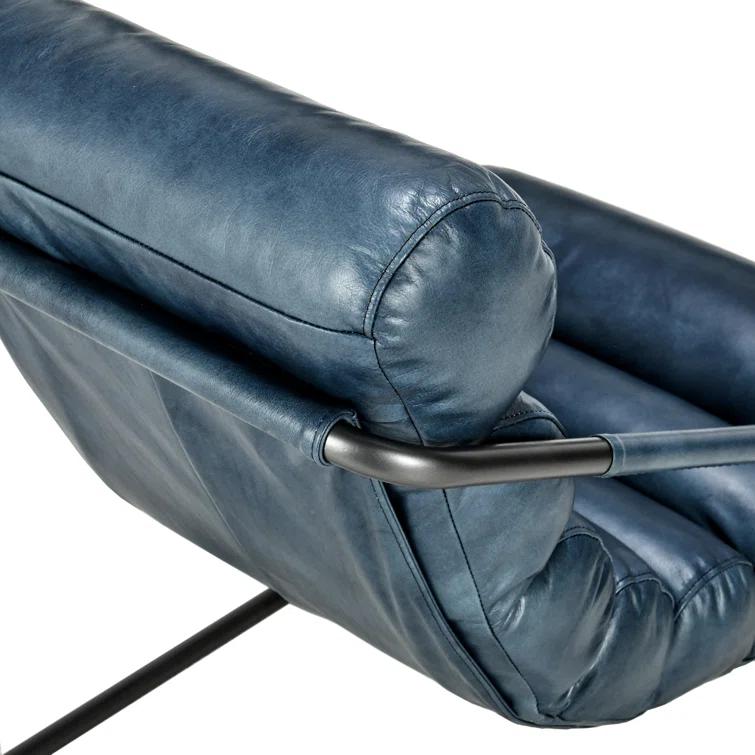 Handcrafted Blue Leather Barrel Accent Chair with Metal Frame
