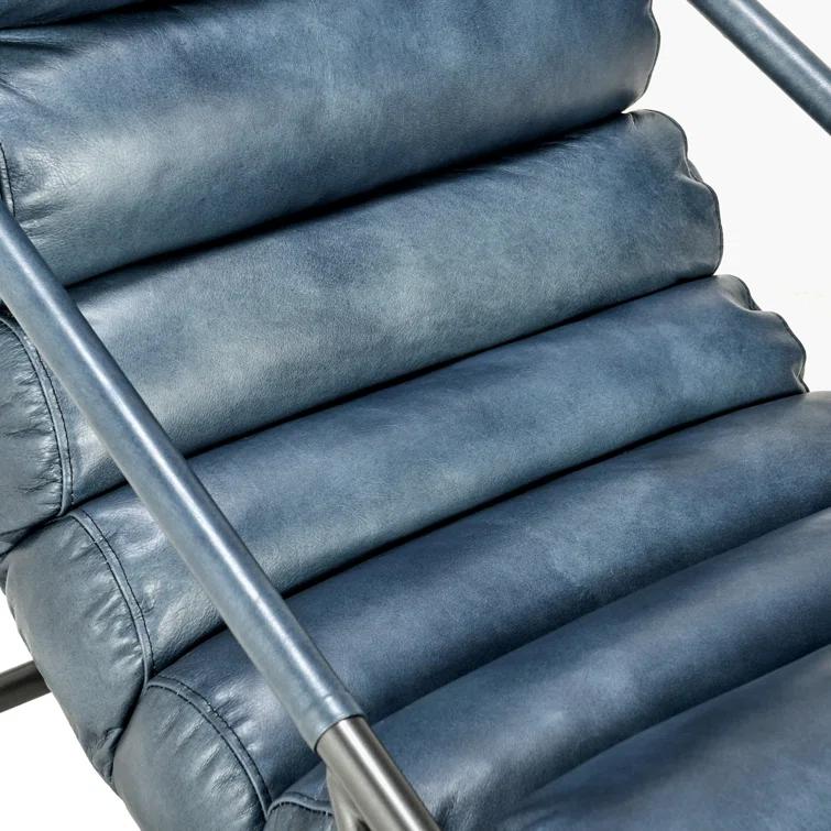 Handcrafted Blue Leather Barrel Accent Chair with Metal Frame