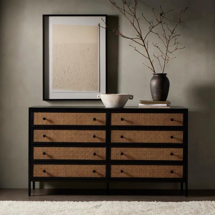 Natalia Vintage Black Iron and Cane 8-Drawer Dresser