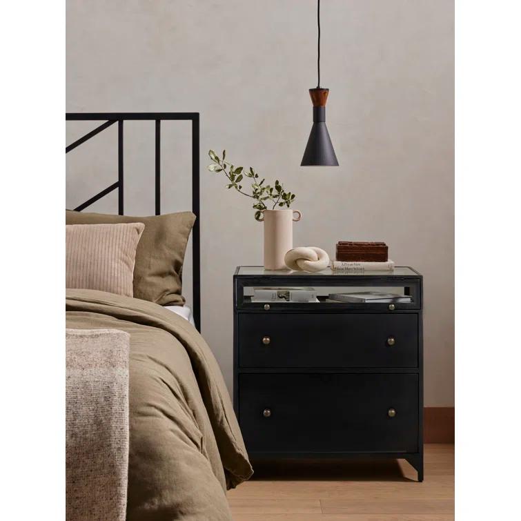 Belmont Matte Black Iron 2-Drawer Nightstand with Glass Enclosure