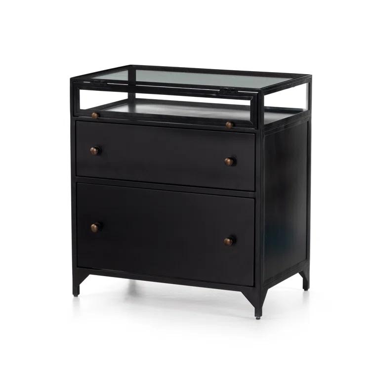 Belmont Matte Black Iron 2-Drawer Nightstand with Glass Enclosure