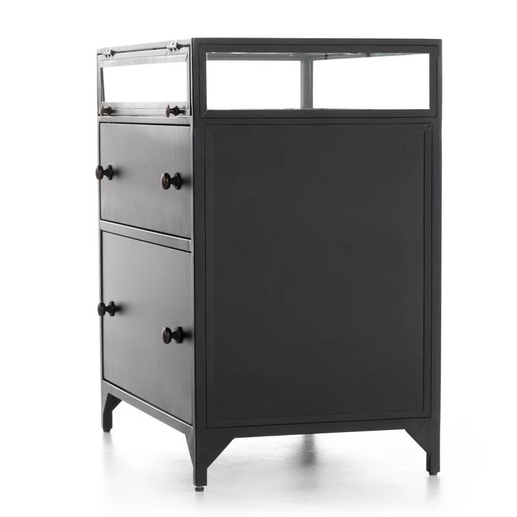 Belmont Matte Black Iron 2-Drawer Nightstand with Glass Enclosure