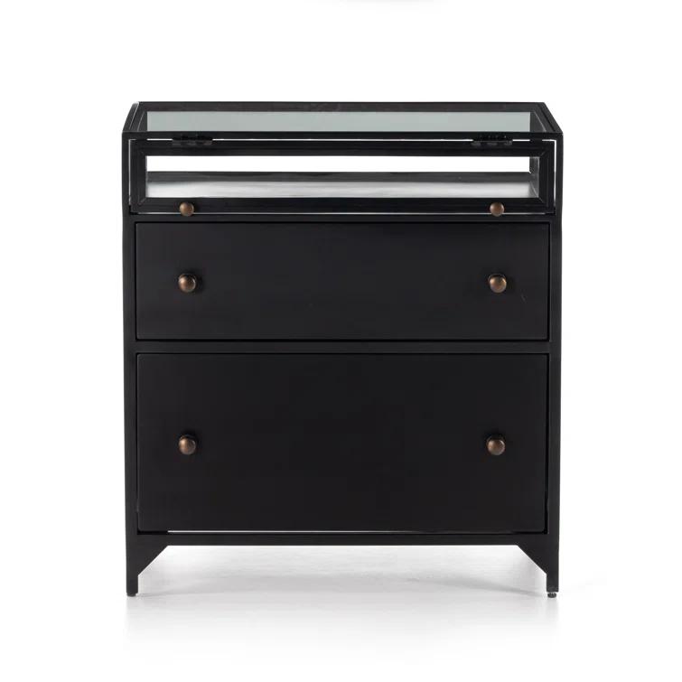 Belmont Matte Black Iron 2-Drawer Nightstand with Glass Enclosure