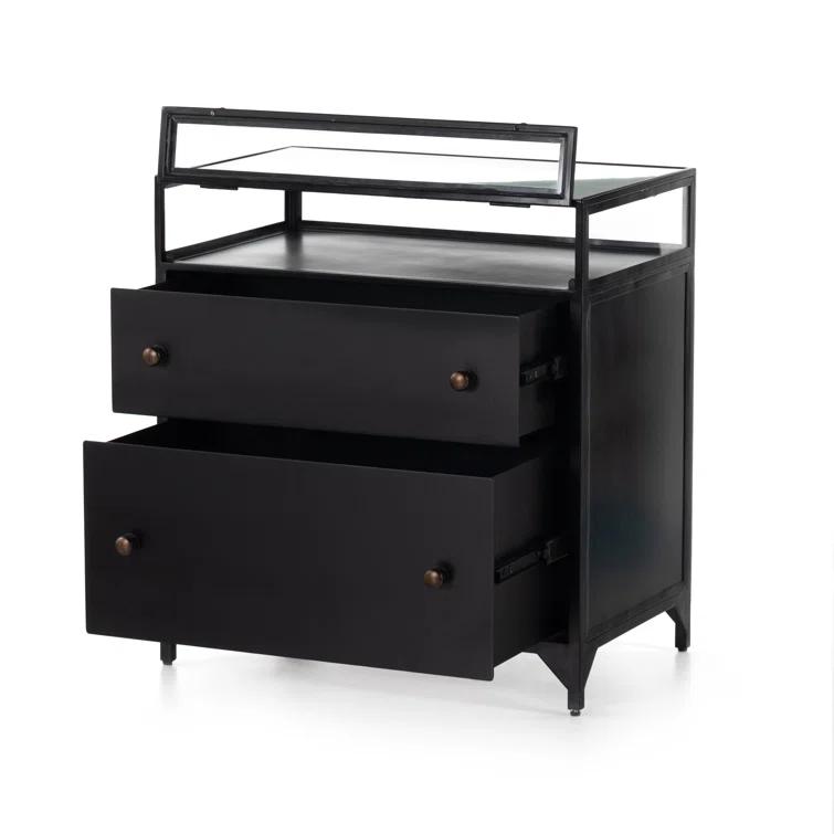 Belmont Matte Black Iron 2-Drawer Nightstand with Glass Enclosure