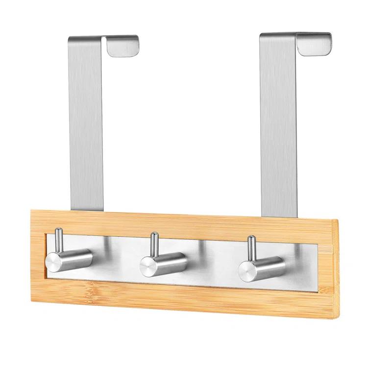 ToiletTree Products Bamboo and Stainless Steel Over-the-Door Hooks - 3 Hook Towel Rack for Bathroom, Utility, and Closet Organization