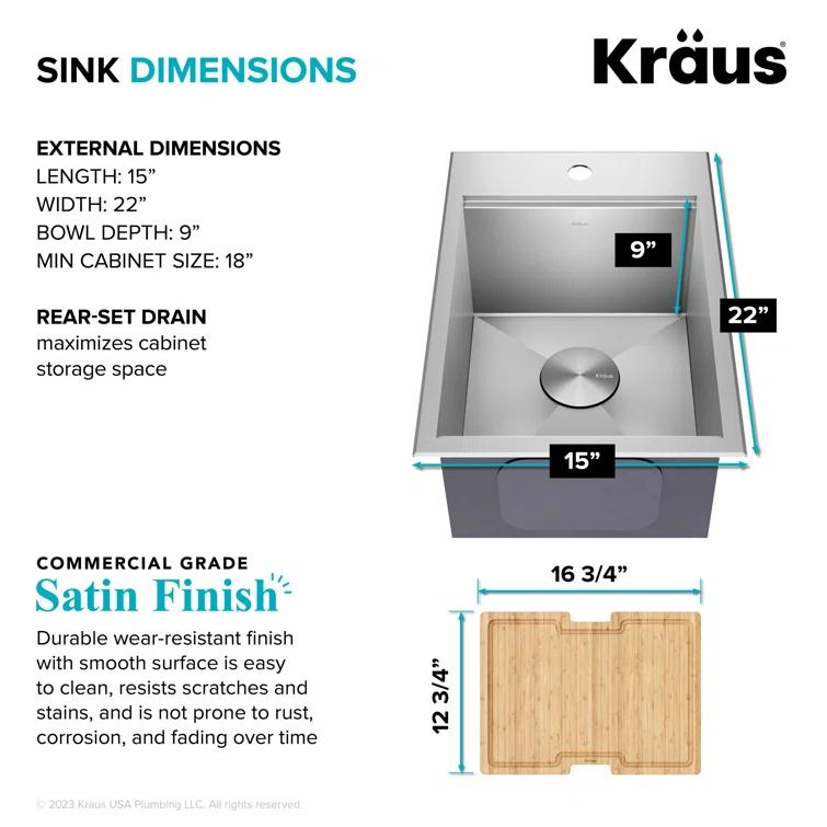 Kraus KWT311-15 KRAUS® Kore 15" Drop In / Top Mount Workstation 16 Gauge Single Bowl Stainless Steel Bar Kitchen Sink with Accessories