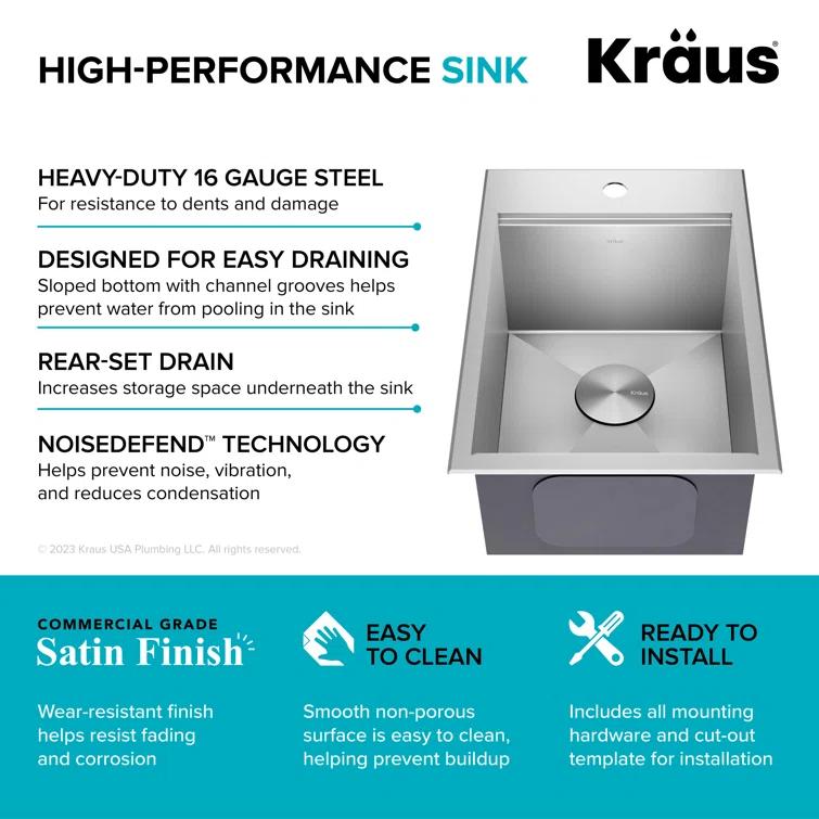 Kraus KWT311-15 KRAUS® Kore 15" Drop In / Top Mount Workstation 16 Gauge Single Bowl Stainless Steel Bar Kitchen Sink with Accessories
