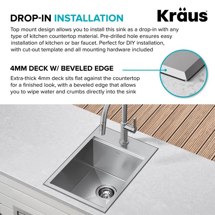 Kraus KWT311-15 KRAUS® Kore 15" Drop In / Top Mount Workstation 16 Gauge Single Bowl Stainless Steel Bar Kitchen Sink with Accessories