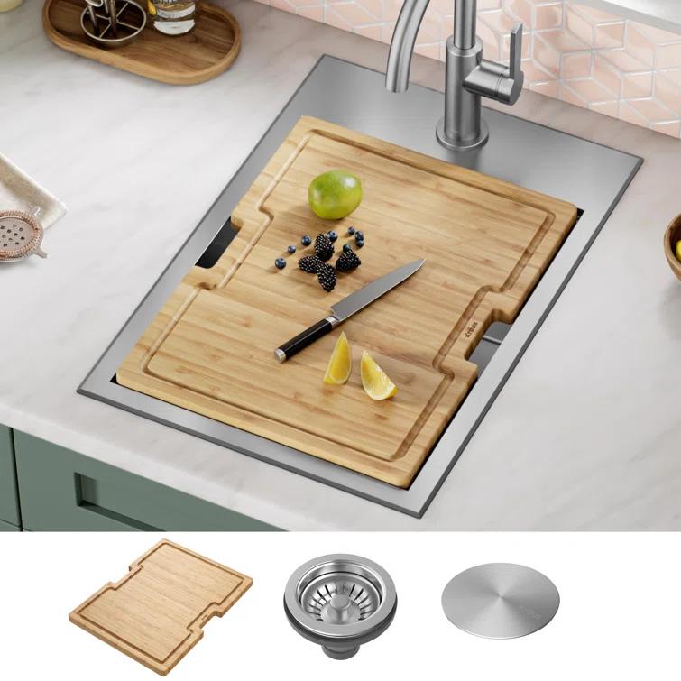 Kraus KWT311-15 KRAUS® Kore 15" Drop In / Top Mount Workstation 16 Gauge Single Bowl Stainless Steel Bar Kitchen Sink with Accessories