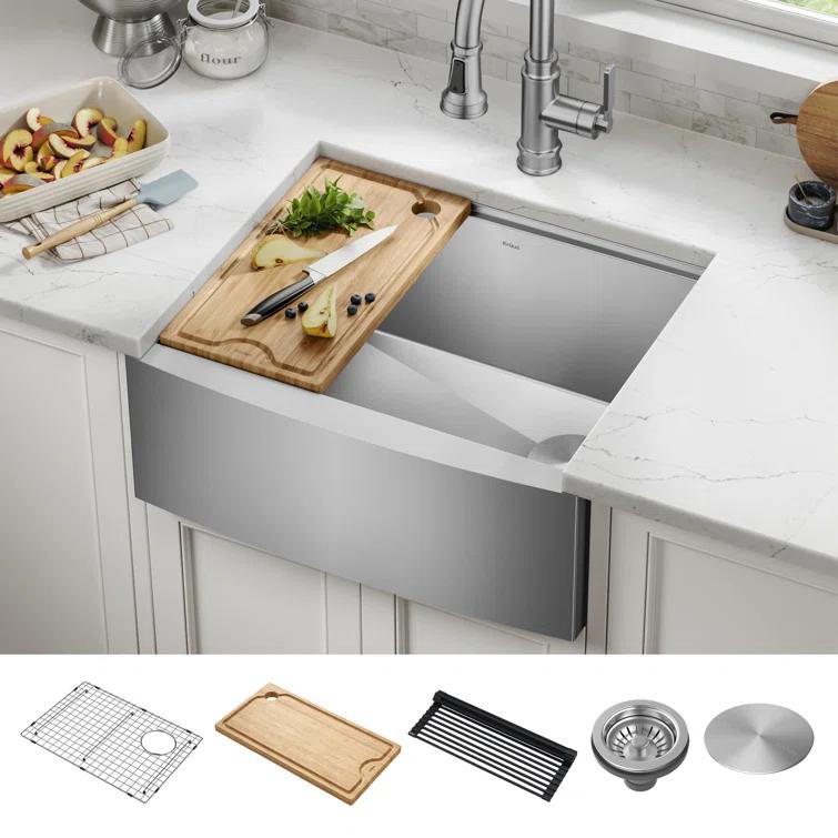 KRAUS Kore™ 24" L Farmhouse Apron Front Workstation 16 Gauge Stainless Steel Single Bowl Kitchen Sink with Accessories
