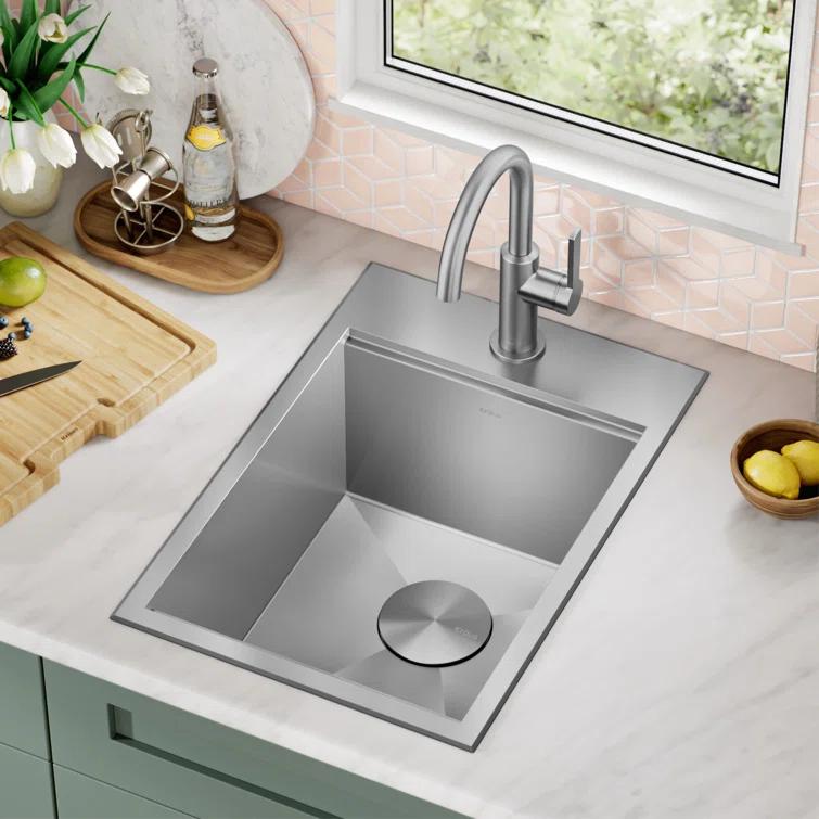Kraus KWT311-15 KRAUS® Kore 15" Drop In / Top Mount Workstation 16 Gauge Single Bowl Stainless Steel Bar Kitchen Sink with Accessories