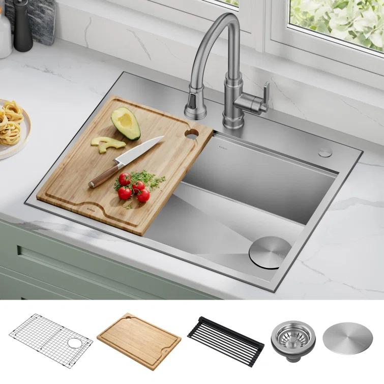 KRAUS Kore Drop-In Workstation 16 Gauge Stainless Steel Single Bowl Kitchen Sink with Accessories