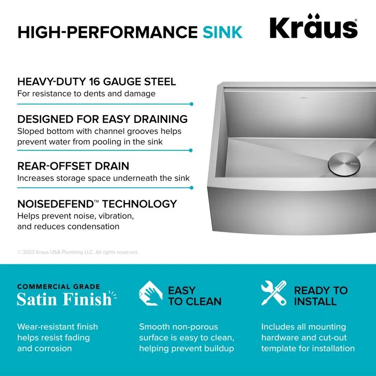 KRAUS Kore™ 24" L Farmhouse Apron Front Workstation 16 Gauge Stainless Steel Single Bowl Kitchen Sink with Accessories