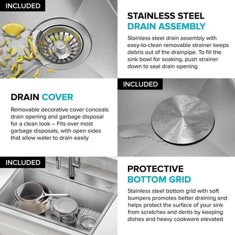 KRAUS Kore Drop-In Workstation 16 Gauge Stainless Steel Single Bowl Kitchen Sink with Accessories