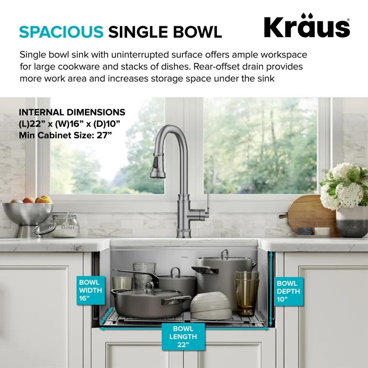 KRAUS Kore™ 24" L Farmhouse Apron Front Workstation 16 Gauge Stainless Steel Single Bowl Kitchen Sink with Accessories