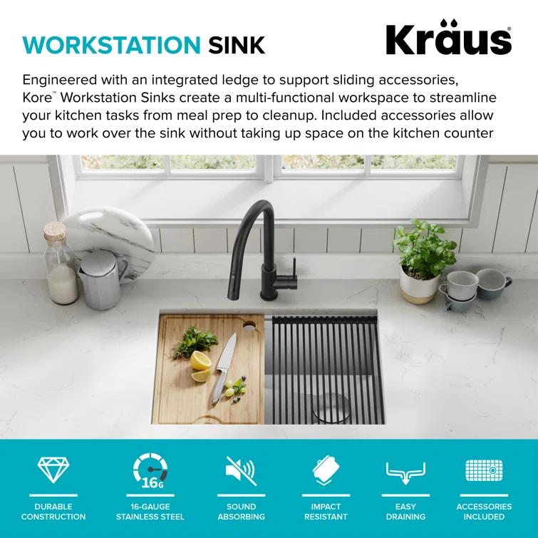 KRAUS Kore™ Workstation 27-inch L Undermount 16 Gauge Single Bowl Stainless Steel Kitchen Sink with Accessories