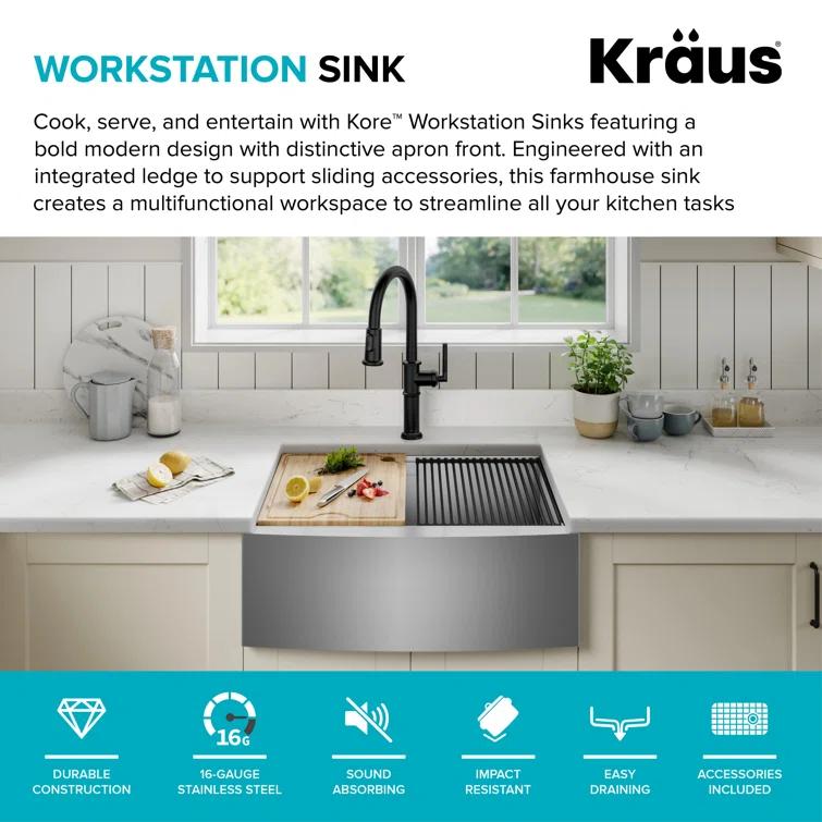 KRAUS Kore™ 24" L Farmhouse Apron Front Workstation 16 Gauge Stainless Steel Single Bowl Kitchen Sink with Accessories