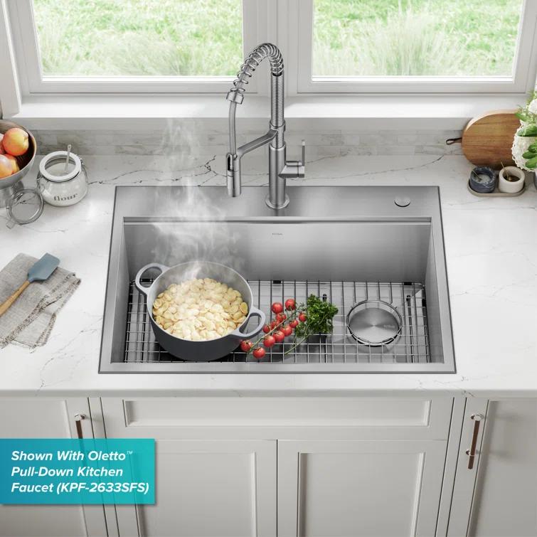 KRAUS Kore Drop-In Workstation 16 Gauge Stainless Steel Single Bowl Kitchen Sink with Accessories