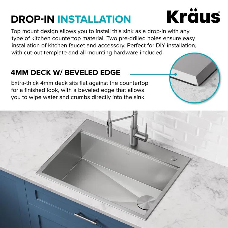 Kraus KWT311-25 KRAUS Kore™ Workstation 25-inch L Drop-In 16 Gauge Single Bowl Stainless Steel Kitchen Sink with Accessories