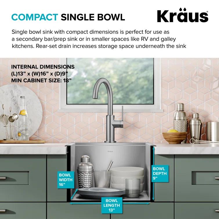 Kraus KWT311-15 KRAUS® Kore 15" Drop In / Top Mount Workstation 16 Gauge Single Bowl Stainless Steel Bar Kitchen Sink with Accessories