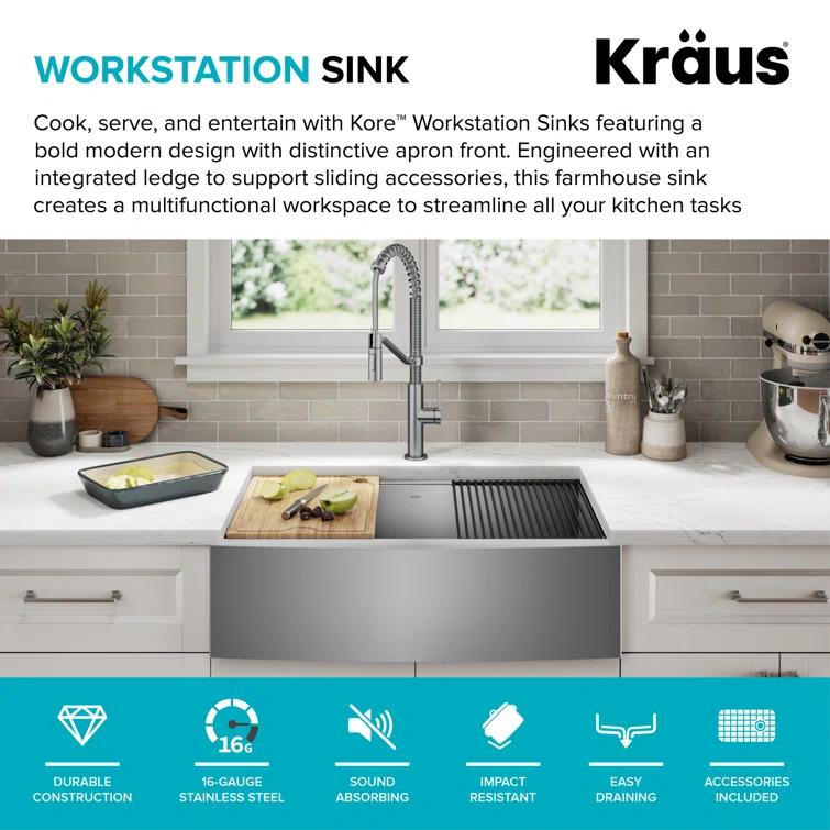 KRAUS Kore™ Workstation 30-inch L 16 Gauge Stainless Steel Single Bowl Farmhouse Kitchen Sink with Accessories